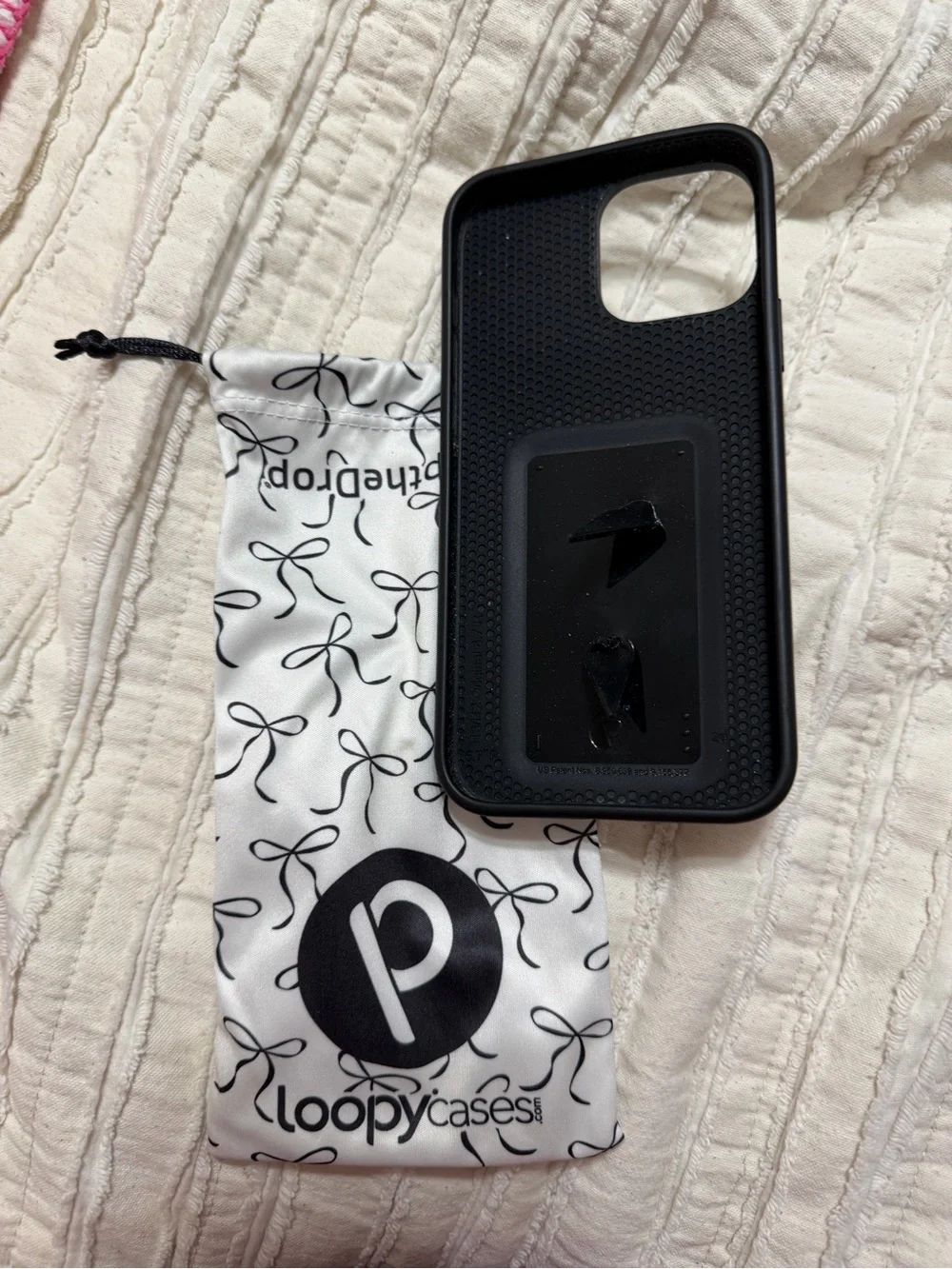 Loopy Case White Phone Case with Black Bow Pattern and Black Loop Grip